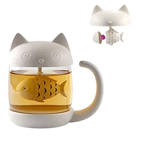 Tasse en verre chat, bouteille d’eau avec infuseur à thé forme poisson, passoire filtre Tassen café 250ML. Parfait cadeau pour la Fête des Mères.