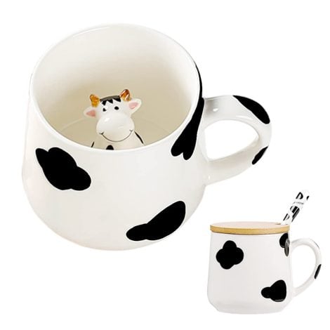 Tasse de café en céramique vache, mignonne avec couvercle et cuillère – Idéal pour cadeau de Noël/anniversaire!