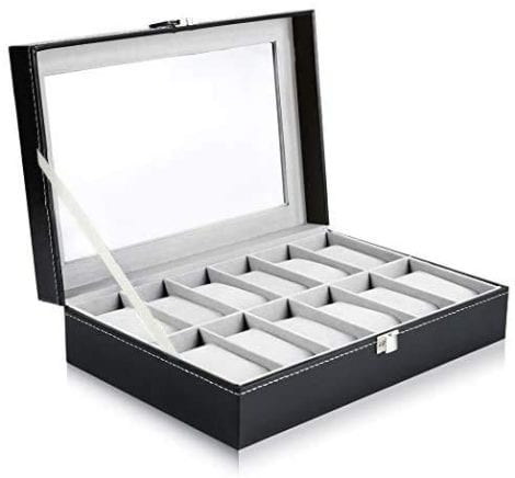 Boîte de rangement pour montres avec 12 compartiments, élégante et pratique pour hommes et femmes.