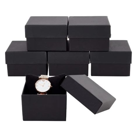 Lot de 6 boîtes à bijoux cadeau BENECREAT en carton noir mat avec intérieur en velours pour bracelet montre, forme carrée, 8.7×8.7×5.5cm.