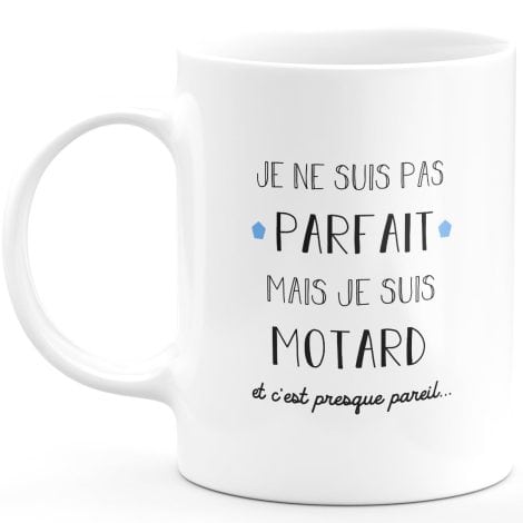 Mug offertazur – Je suis motard imparfait mais passionné – Cadeau Anniversaire Saint Valentin Homme – Blanc.