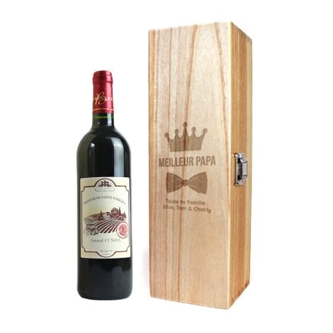 Caisse à vin gravée vintage personnalisée pour papa – Boîte cadeau originale avec prénom et message.