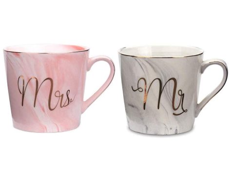 Ensemble de deux tasses à café en céramique Tougo, idéal pour offrir en cadeau de Noël, mariage, fiançailles ou anniversaire (rose + gris).