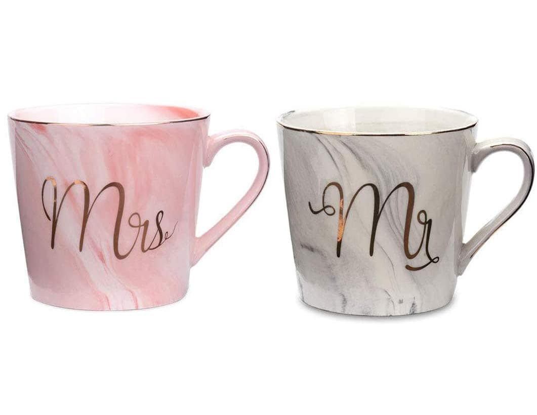 Tougo 2 Pcs 400 ML Mr Mrs Tasses Café En Céramique, Cadeaux de Noël, Mariage, Fiançailles,Couple ou Anniversaire (rose+gris)