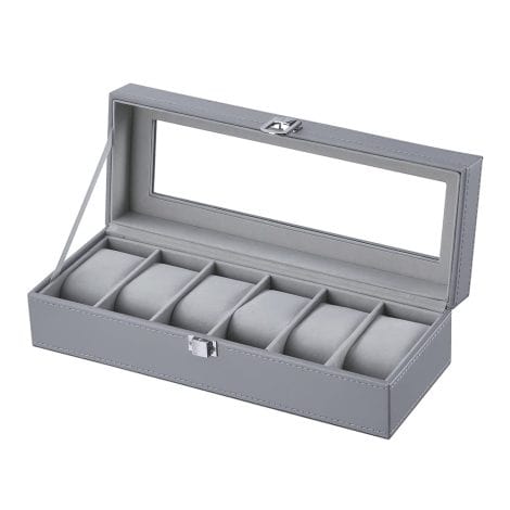 Boîte de rangement pour 6 montres en cuir PU et velours, avec fenêtre en verre (gris).