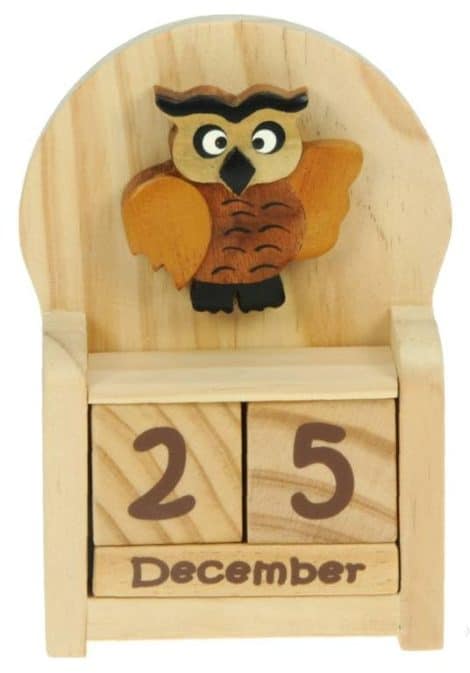 Calendrier perpétuel hibou sage : Cadeau en bois pour hommes ou femmes : Calendrier de bureau avec date et mois. Avent animaux ou petite idée cadeau.