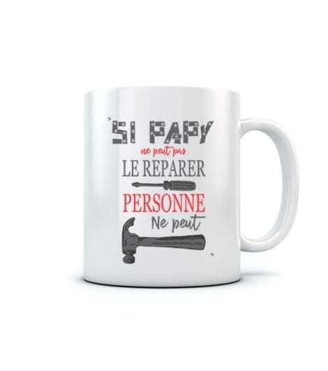 Tasse blanche pour bricoleur, idée cadeau pour la fête des grands-pères, futur papi : “Mug Papy Bricoleur” (11 oz).