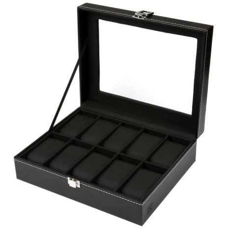 Boîte de rangement pour montres pour hommes ou femmes, en simili cuir noir, avec couvercle en verre et coussin en velours – contient jusqu’à 10 montres – idée cadeau originale.