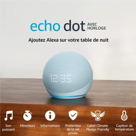 Nouvelle version 2022 de l’Echo Dot : enceinte connectée Bluetooth et Wi-Fi avec horloge et Alexa, en bleu-gris.