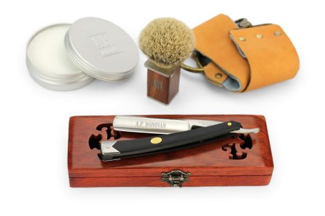 Rasoir traditionnel pour homme A.P. Donovan | lame 7/8″ et manche noir en plastique | Set de soins complet pour barbe.