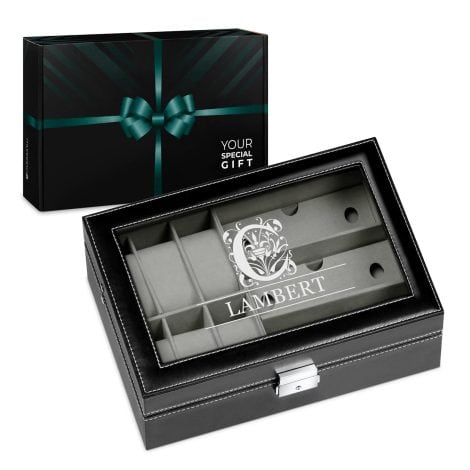 Coffret Maverton avec gravure et rangement pour montres et lunettes, cadeau personnalisé pour homme.