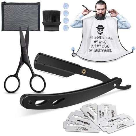 Ensemble complet pour le rasage de la barbe : rasoir, tablier, cape, accessoires. Parfait cadeau pour homme.