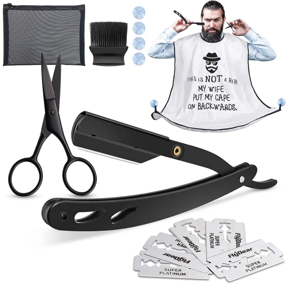 Rasoir à Barbe, 14 EN 1 Kit Bavoir pour le Rasage Barbe, Rasoir Droit de Barbier avec 5 Lames de Rasoir, Tablier à Barbe & Cape de Rasage + 4 Ventouses/Brosse, Ciseaux à Barbe, étui, Idéal Cadeau