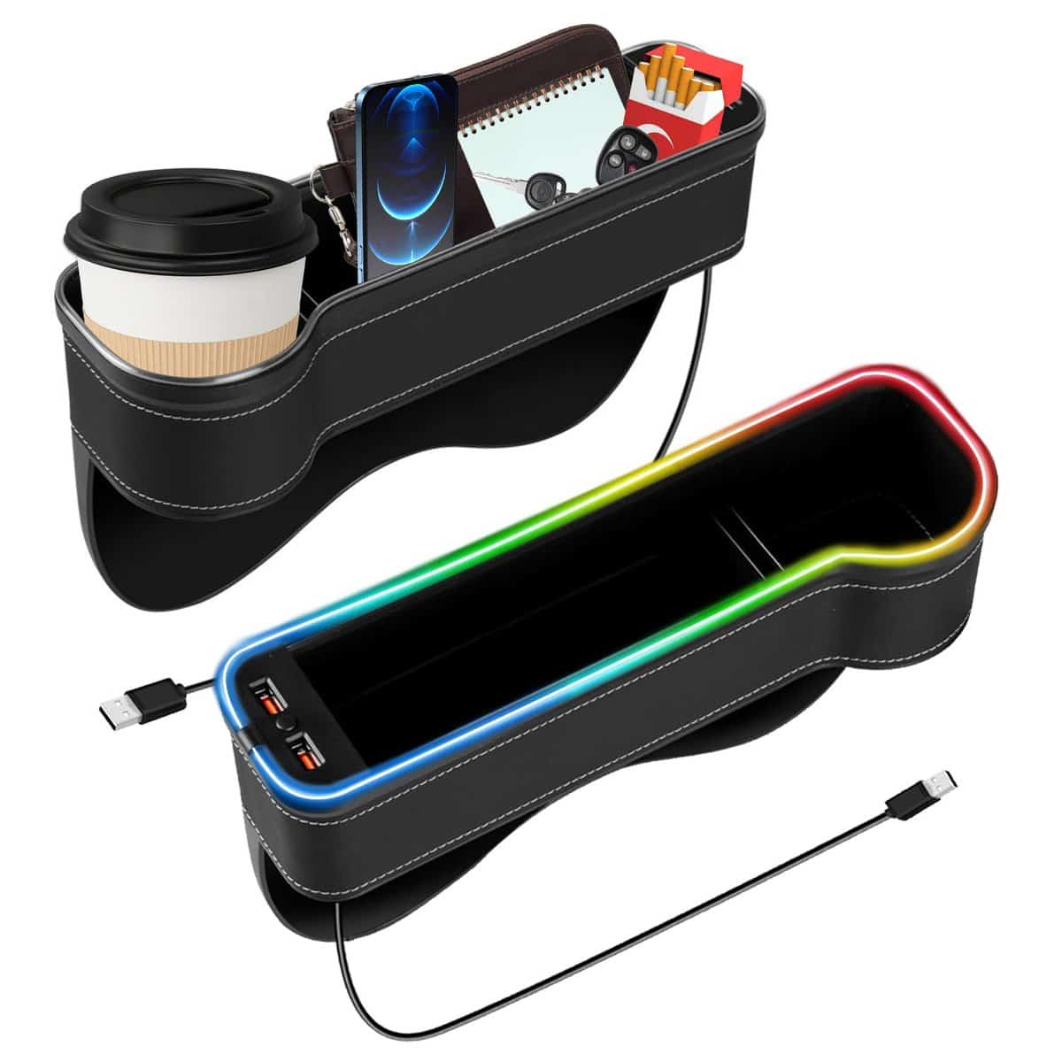 2 Pièces Organisateur Voiture, Boîte de Rangement pour Siège Écart de Voiture, avec Porte Gobelet Voiture, Lumière LED, Rangement Voiture Interieur en Cuir, pour Le Stockage Téléphones, Tasse (Noir)