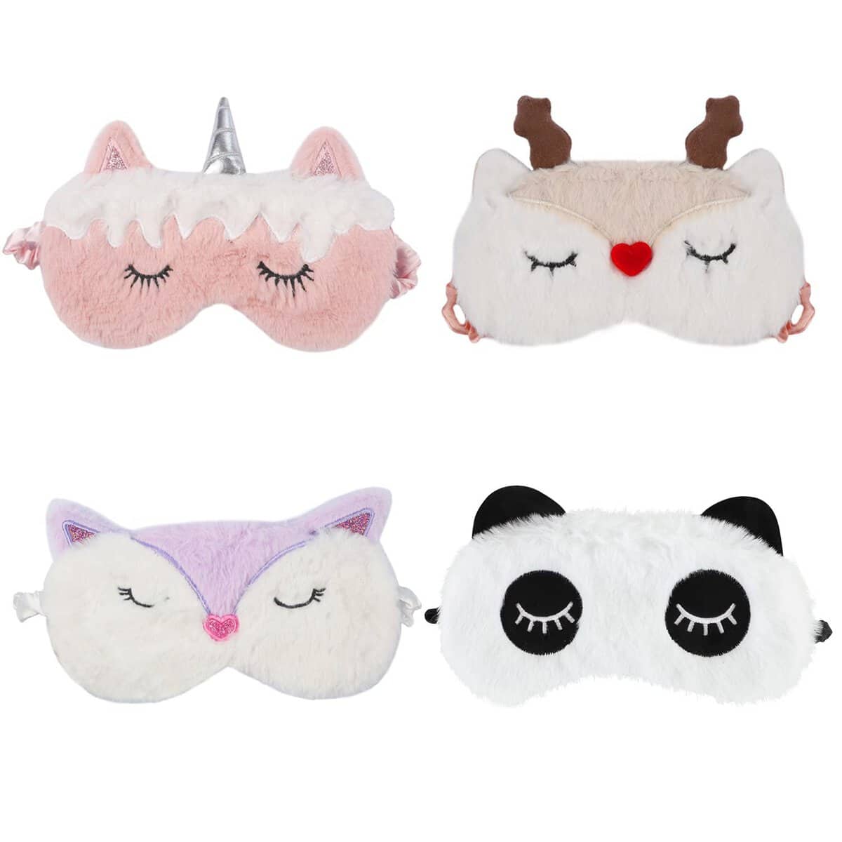 Hemiks 4 Pcs Masque de Sommeil Animal, 4 Styles Masque de Nuit Enfant Bandeau de Nuit Yeux en Peluche Occultant Mignon pour Enfants Hommes Femmes Voyage Sieste