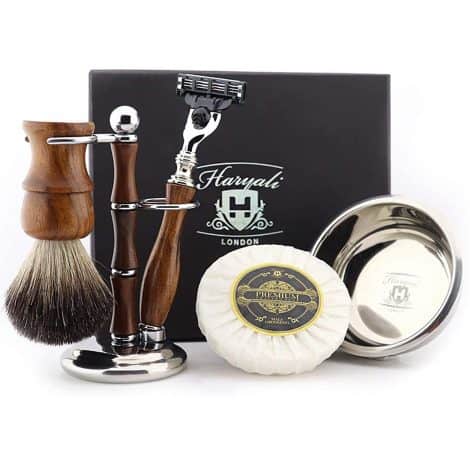 Ensemble de rasage en bois Haryali London avec une brosse à cheveux noire pure, support, savon et bol, cadeau idéal pour Noël.