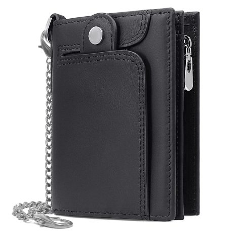 Portefeuille pour homme en cuir véritable avec blocage RFID, chaîne et 14 espaces pour cartes. Livré dans une boîte cadeau. (Noir)