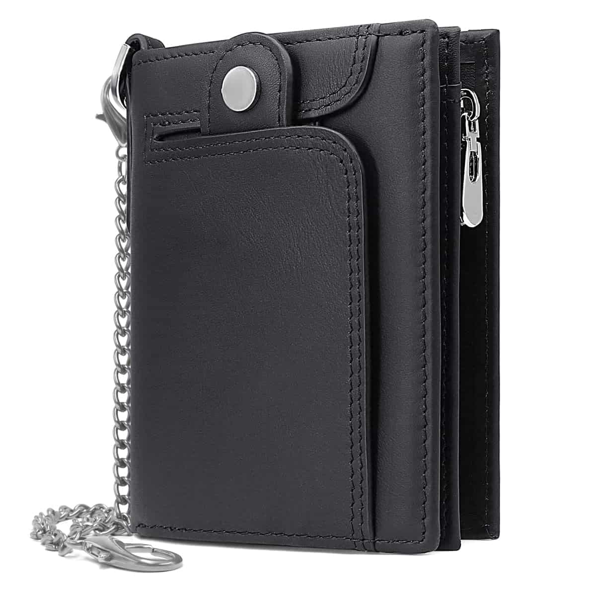 REETEE Portefeuille Homme Blocage RFID Porte Monnaie Homme en Cuir Véritable avec Chaine Petit Porte Feuille Homme 14 Porte Carte Crédit, Classique Porte Feuille avec Boîte Cadeau (Noir)