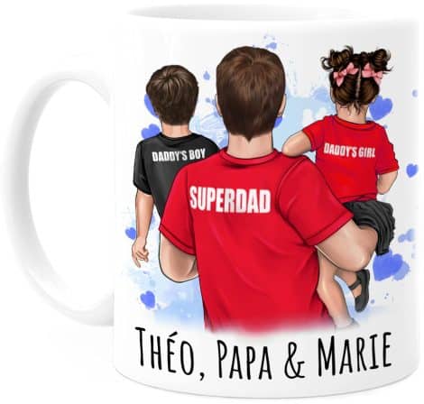 Tasse Famille Personnalisée Papa avec 2 Enfants – Cadeau Anniversaire/Fête des Pères – Original et Idéal. Contenance 330 mL.