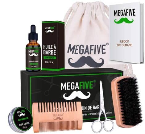 Coffret cadeau complet pour homme : Kit soin et entretien de barbe MEGAFIVE® avec huile, baume, brosse, ciseaux et peigne.