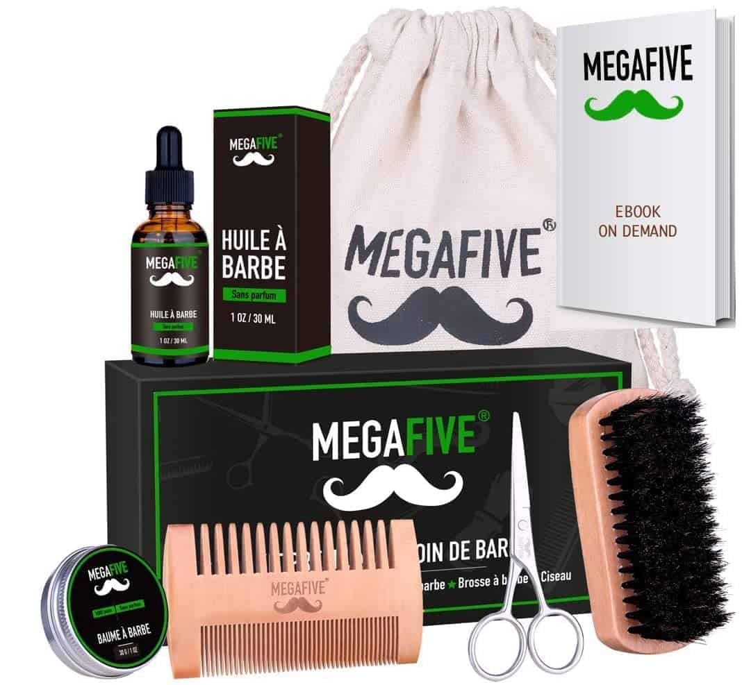 MEGAFIVE® Kit barbe pour soin et entretien [ CADEAU Parfait ] composé de Huile de Barbe,Baume de Barbe,Brosse à Barbe,Ciseaux et Peigne, kit barbe homme complet, coffret cadeau homme