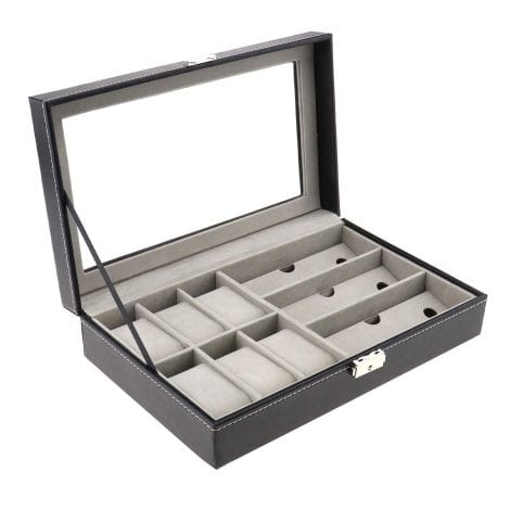 Boîte de rangement en cuir noir pour montres et accessoires avec 6 emplacements pour montres et 3 pour lunettes, bijoux, etc., dimensions 33 x 20 x 8 cm.