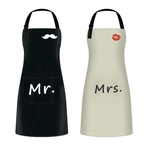 2 Tabliers de Cuisine Imperméables avec Poches, Réglables, Idéal pour Couples, Cadeaux pour Mariage, Saint Valentin, Fête des Pères/Mères (Noir & Beige)