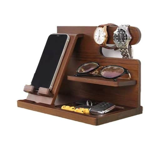 Support mobile multifonction en bois, idéal pour ranger téléphone, porte-monnaie et montre. Parfait cadeau pour Noël, anniversaire, père/mari/femme.