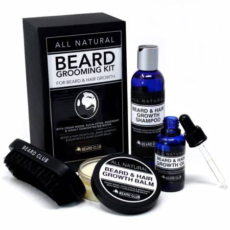 Ensemble de soins naturels pour la barbe favorisant la croissance des cheveux – comprenant huile, baume, shampoing et brosse, enrichi en biotine, bois de cèdre, eucalyptus et romarin.