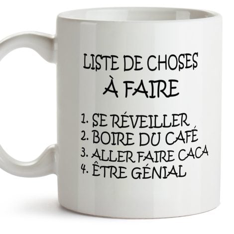 Tasse rigolote “To Do List” pour le petit-déjeuner, un cadeau original à offrir à des amies.