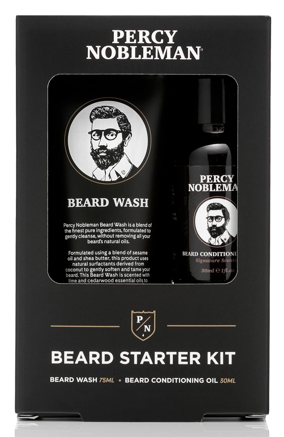 Kit de démarrage pour prendre soin de la barbe Percy Nobleman, un coffret cadeau kit de toilettage de la barbe contenant une huile et un shampoing pour barbe, 30 ml / 75 ml
