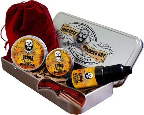 Kit de toilettage Premium pour barbe masculin – 6 pièces traditionnelles : huile, cire à moustache, baume mini, peigne, sac de rangement en corde, dans une boîte cadeau en aluminium. Parfait pour les hommes.