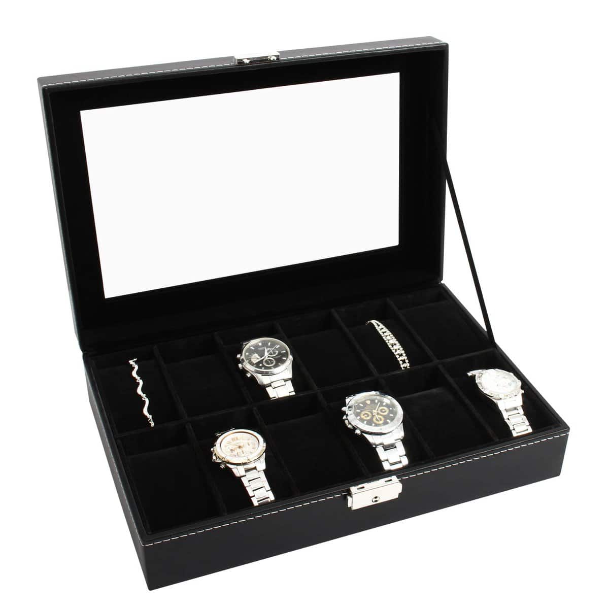 Todeco - Coffret à Montres, Boite pour Montres et Bracelets - Dimensions: 30 x 20 x 8 cm - Matériau de la boîte: MDF - 12 Montres et vitre, Noir