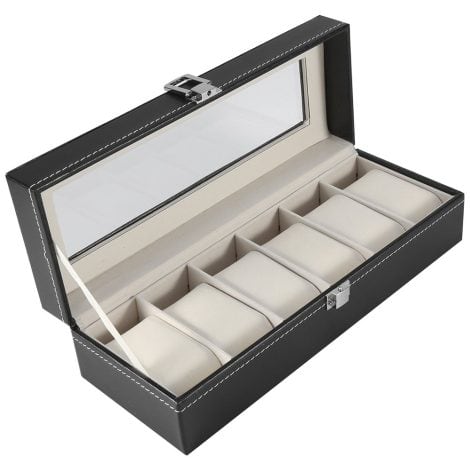 Organisateur de montres en cuir synthétique avec 6 compartiments pour montres, idéal pour homme ou femme. Dimensions : 30*11*8cm.