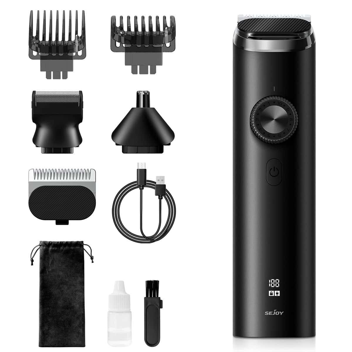 Sejoy tondeuse barbe homme, tondeuse à cheveux sans fil, étanche moustache corps nez oreille rasoir coupe visage, kit de toilettage tout en 1, rechargeable par USB et affichage LED