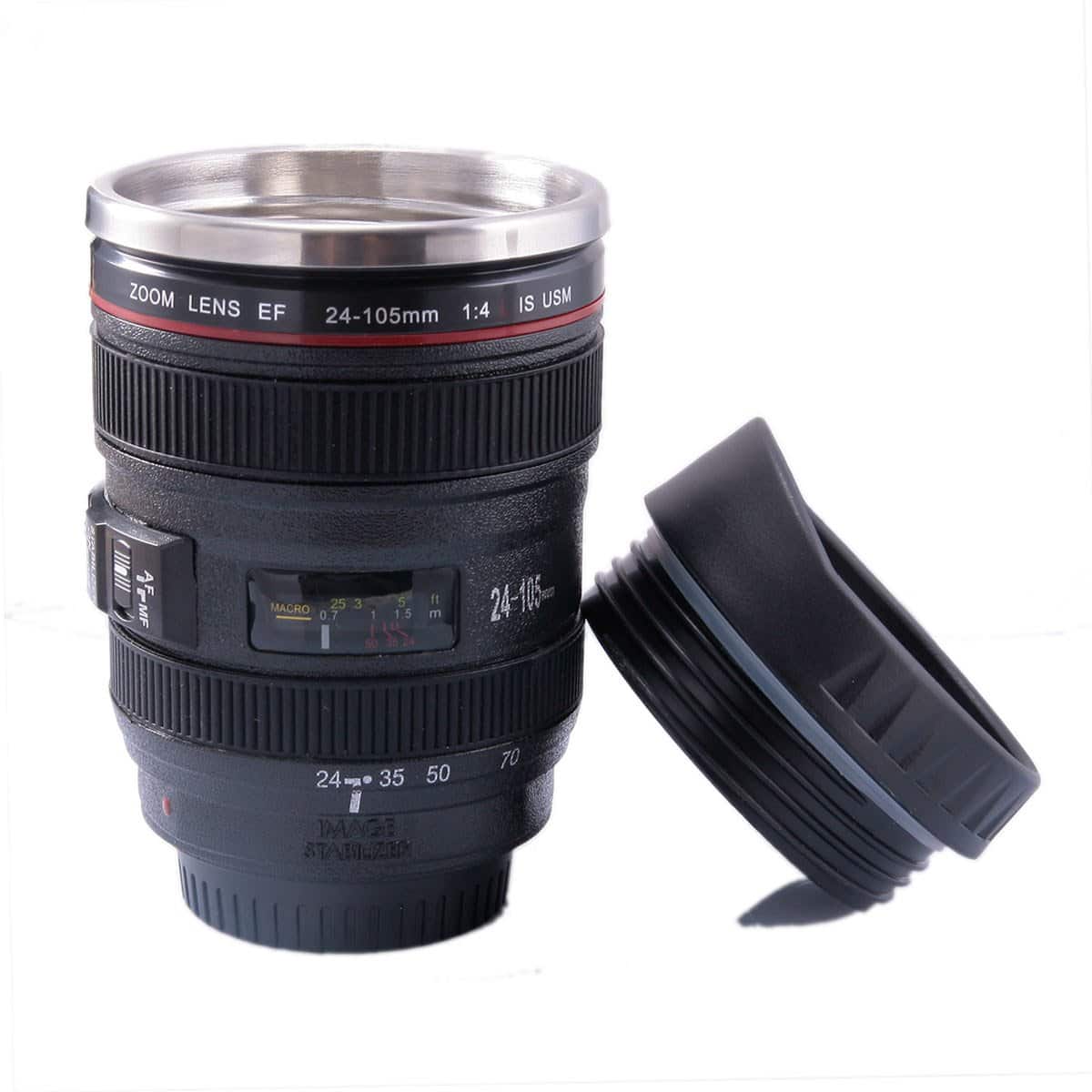 FUNLAVIE Tasse à café mug original et magique mug isotherme caméra objectif thermos café tasse bouteille objectif photo en acier inox cadeau pour hommes/femmes Lot de 1