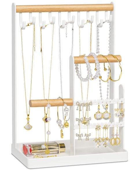 Support de rangement pour bijoux MetWoods – 4 niveaux pour boucles d’oreilles, colliers, bracelets, bagues et montres.