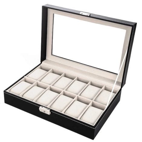 Coffret élégant pour montres en cuir, idéal pour homme avec 12 compartiments doublés de velours.