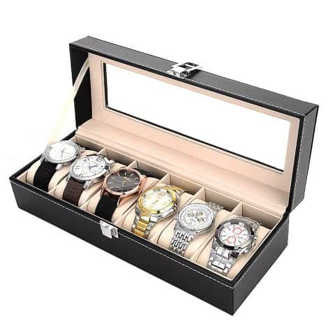 Boîte à montres NuAngela 3 emplacements en cuir PU, verrouillable avec vitre, organisateur de bijoux réglable, pour hommes et femmes.