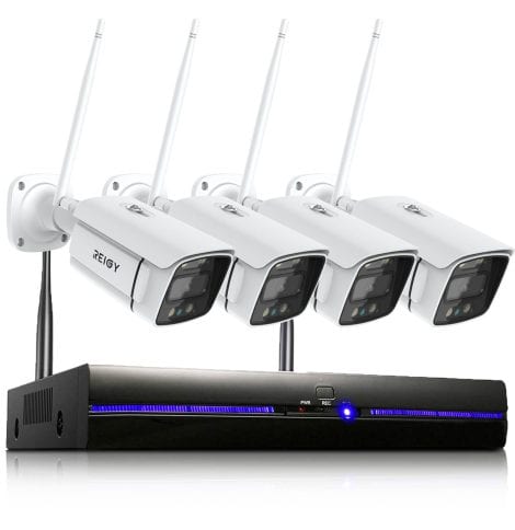 Système de surveillance WiFi extérieur REIGY 3MP avec spotlight. Kit de vidéosurveillance 8CH 5MP NVR + 4X 1296P Camera, audio bidirectionnel, vision nocturne en couleur et étanche. Pas de disque dur inclus.