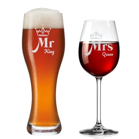 Ensemble de 2 verres à vin et un verre à vin gravé avec motifs personnalisés – Parfait pour vin et bière – Cadeau idéal pour mariage – Motif “M. King & Mme. Queen”