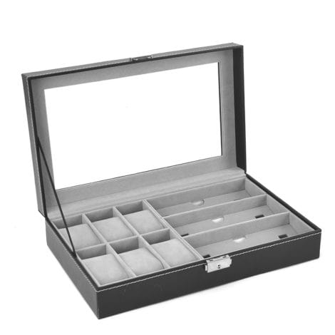 Coffret de Rangement en Cuir pour 6 Montres et 3 Lunettes de Soleil avec Boîte à Bijoux, Noir, AWU-004.