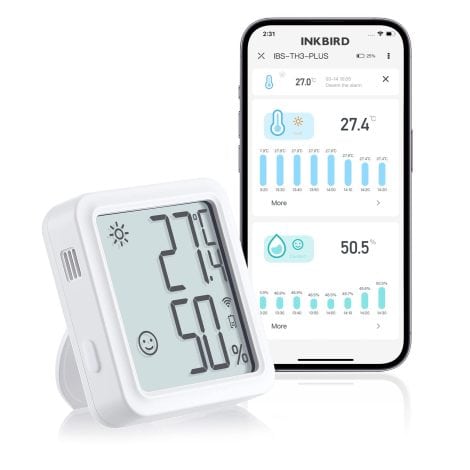 Thermomètre et hygromètre WiFi INKBIRD, IBS-TH3-PLUS-WIFI avec écran LCD, application de contrôle et alertes pour maison, chambre, serre, cave à vin.