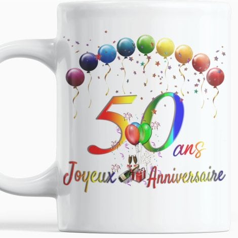 Joyeux Anniversaire 50 ans – Mug original avec ballons colorés, cadeau idéal pour homme/femme de 50 ans.