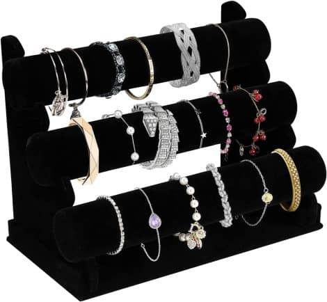 OBYCPIN Porte-bijoux, Support Bracelet Velours 3 Étages, Rangement Montres, Bracelets, Colliers et Bijoux de Main (Noir, Velours).