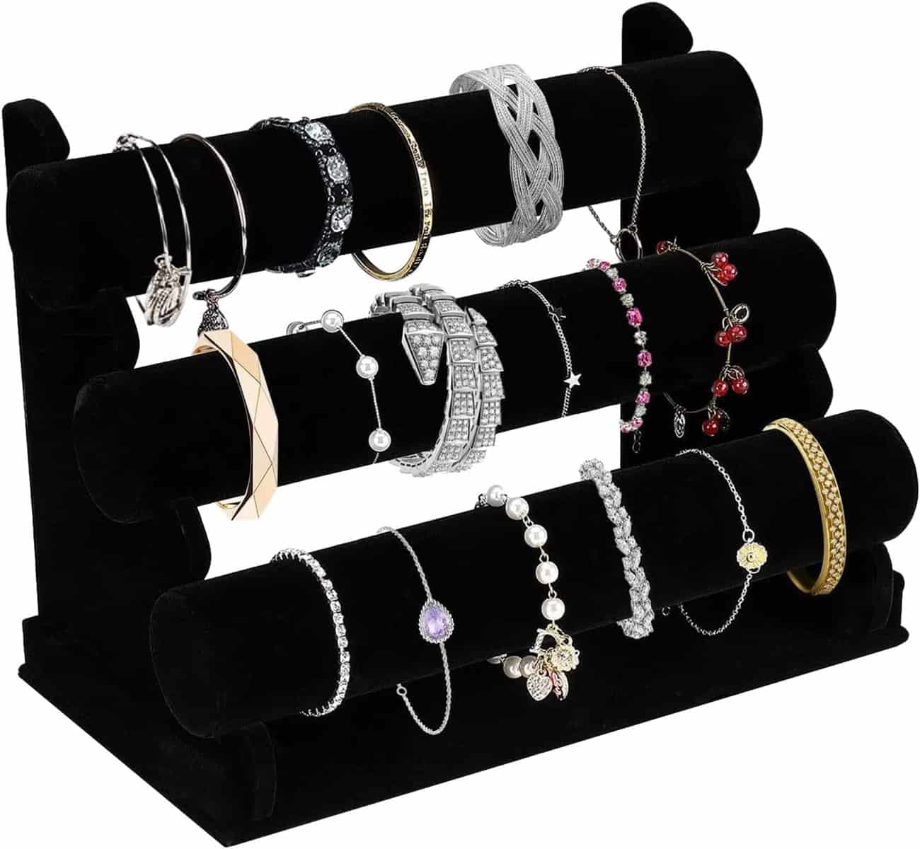 OBYCPIN Porte-bijoux, Support de Bracelet en Velours avec 3 Étages Amovibles, Rangement Bijoux pour Montres, Bracelets, Colliers et Bijoux de Main (Noir, Matière Velours)