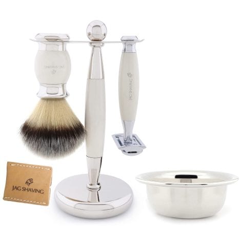 Ensemble de rasage pour homme Jag Shaving avec rasoir double tranchant, blaireau synthétique, bol et pochette en cuir.