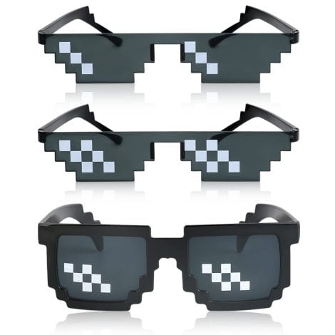 Ensemble de 3 lunettes de soleil unisexe avec motif mosaïque 8 bits en verre.