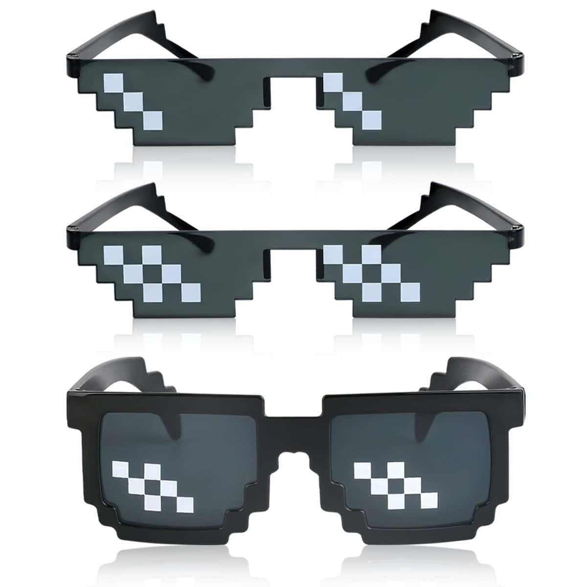 Thug Life Lot de 3 Lunettes de Soleil en Verre pour Homme et Femme Motif mosaïque 8 Bits Noir, Noir, carré