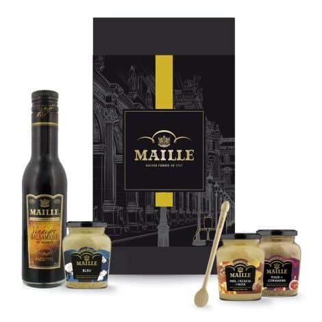 Coffret cadeau “Couleurs de nos Terroirs” Maille : 3 moutardes + 1 Vinaigre Balsamique de Modène haut de gamme, cadeau français original.